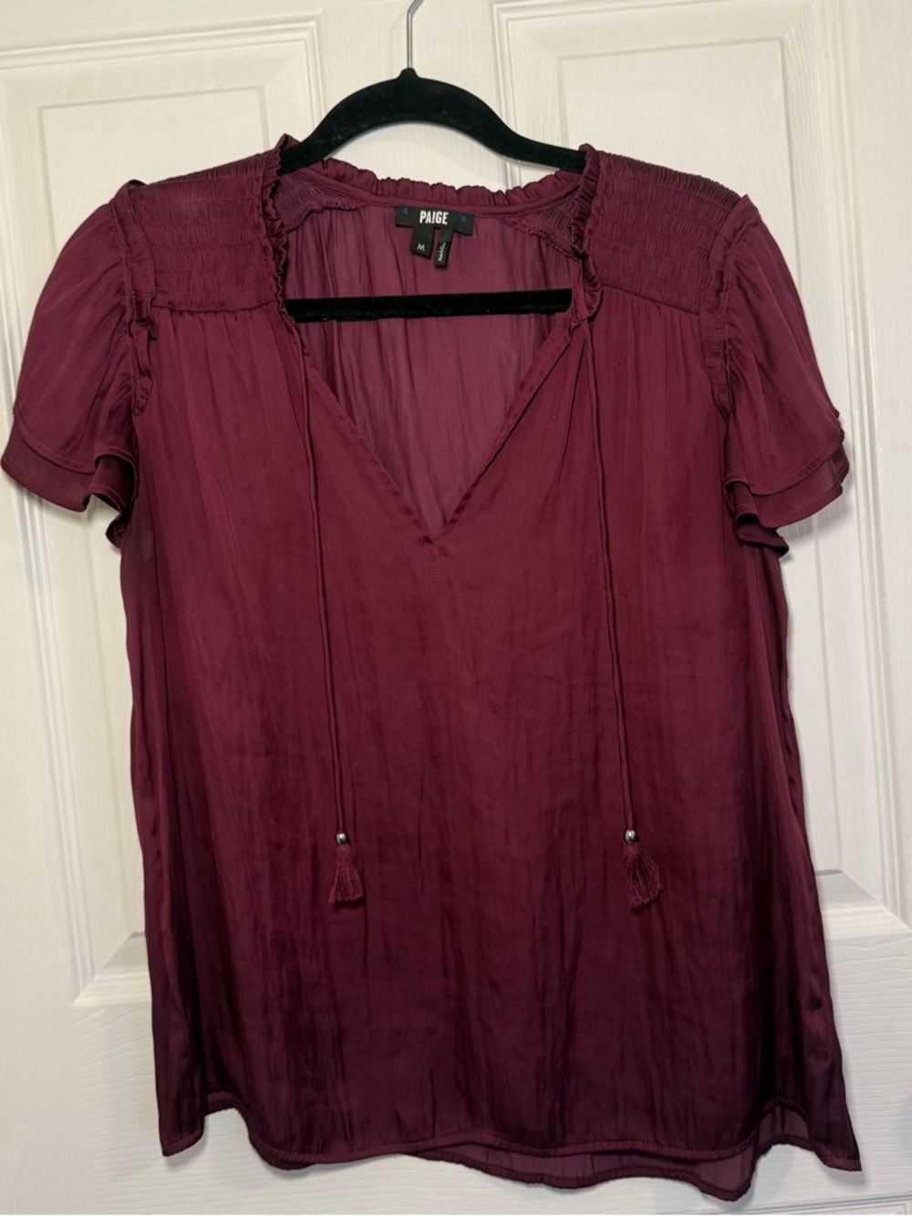 PAIGE Women's Wine V-Neck Tassel Blouse